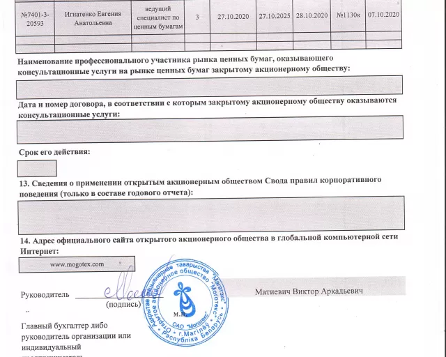 Информацию об итогах деятельности ОАО «Моготекс» за 2020 год